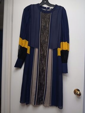 BCBGMaxAzria Kassia Navy and Light Gray /Yellow Dress